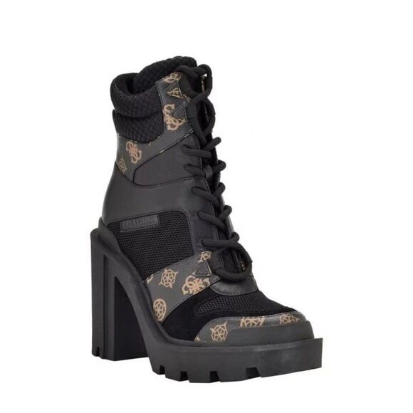 GUESS Womens Black Logo Lug Sole Tadbit Round Toe Block Heel Lace-Up Boots 5 - Picture 1 of 3